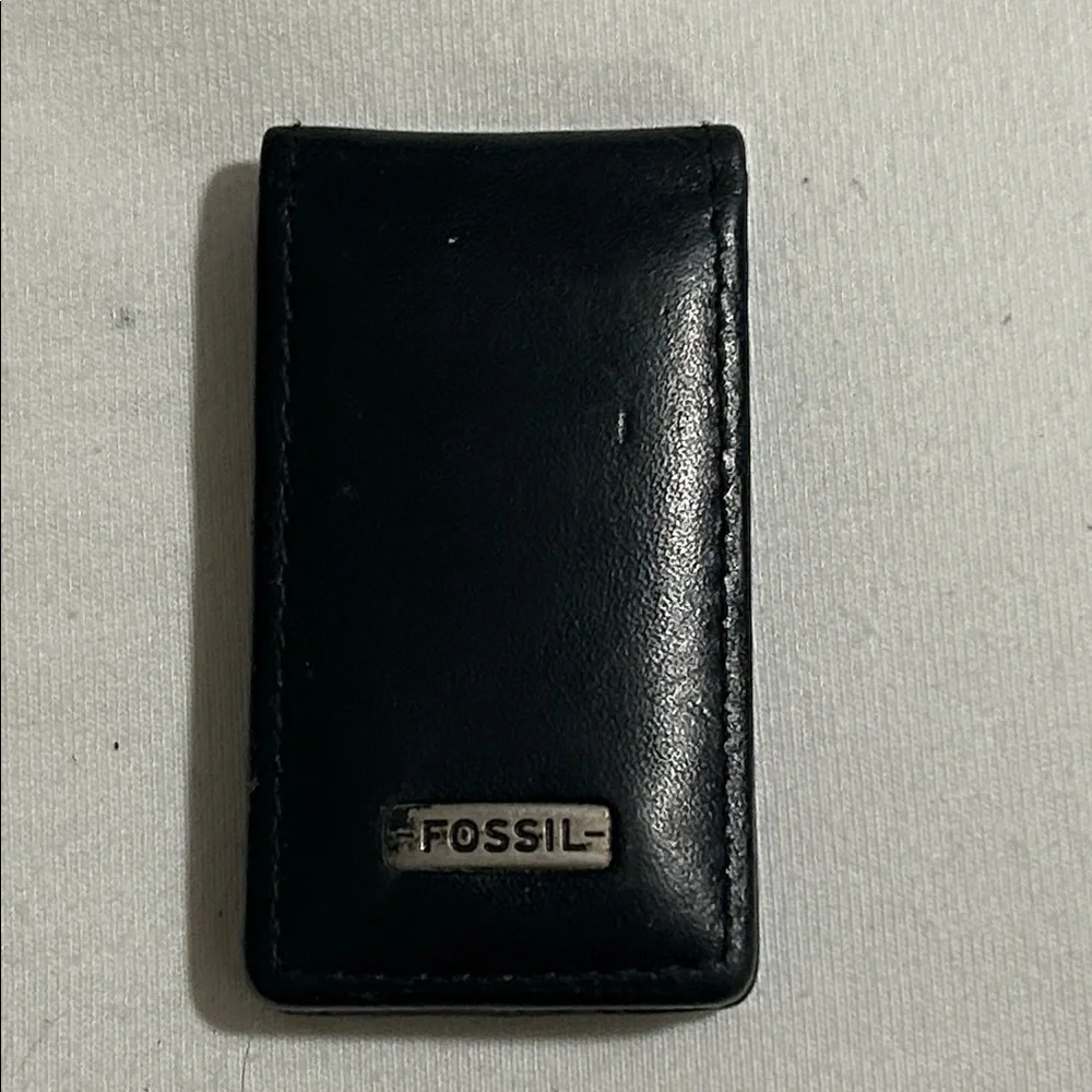 Fossil Black Leather Money Clip with Metal Logo